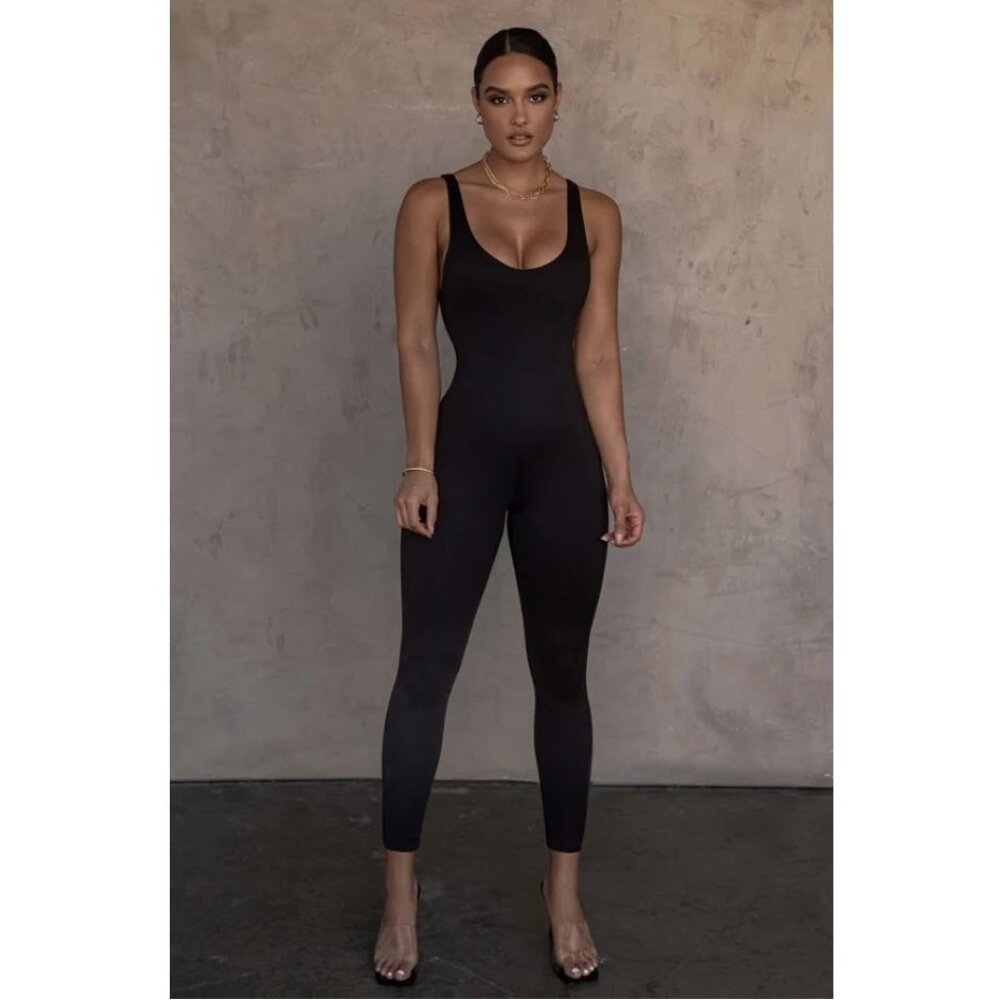 JuxLabel ALO Black Ribbed Knit Jumpsuit body suit Womens size M